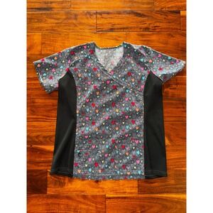 Scrubaid Scrub Top Women XL Grey Multicolor Heart Print Mock Wrap Stretch Panels